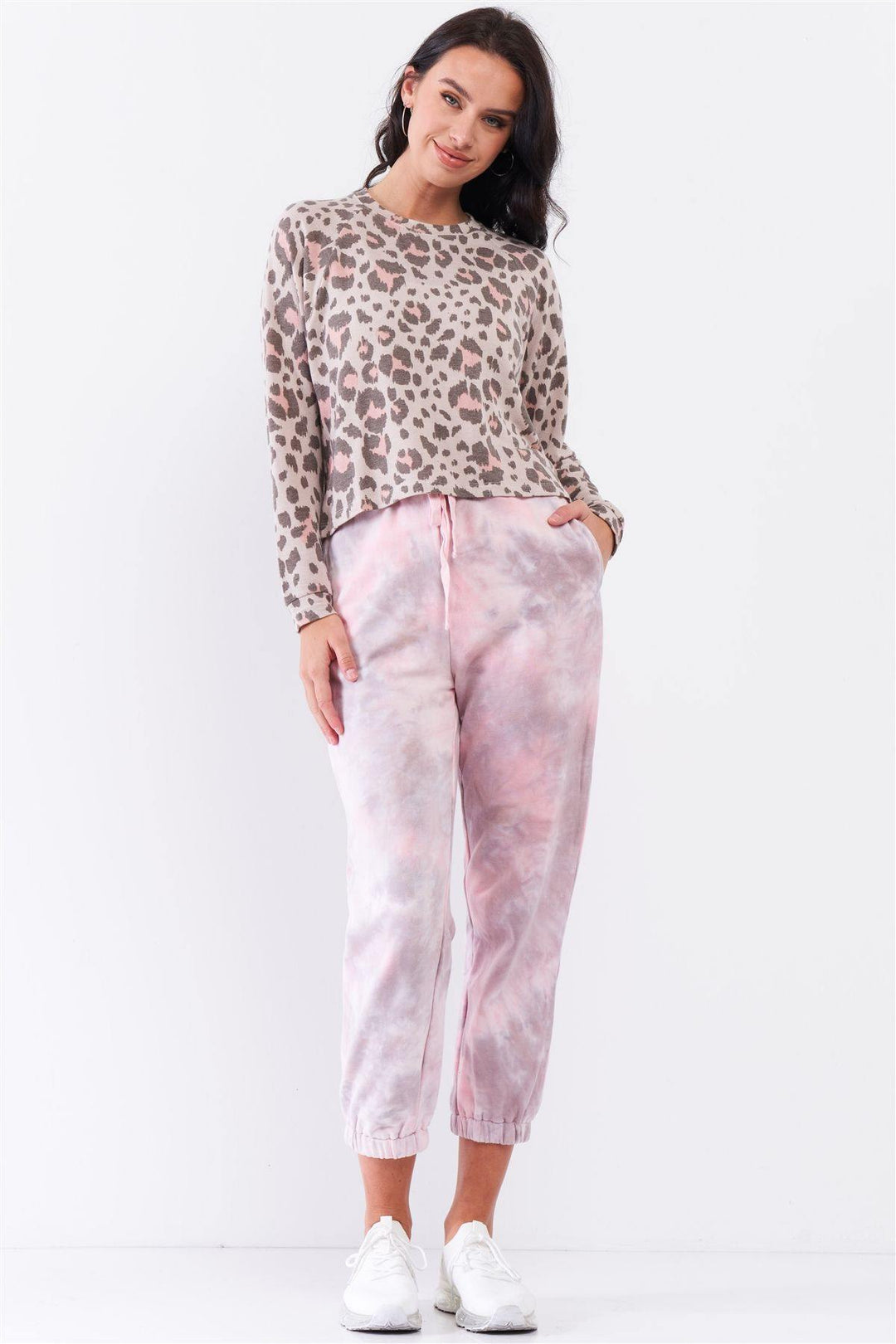 Taupe & Pink Leopard Print Crew Neck Relaxed Long Sleeve Top - bulkybox