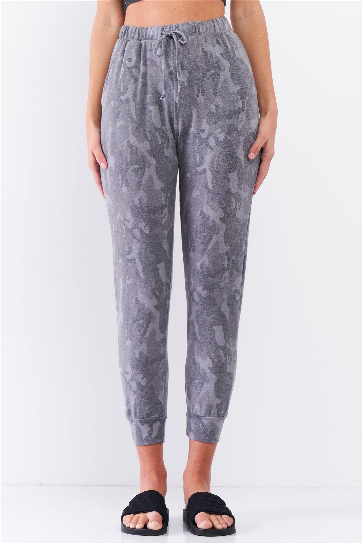 Grey Camo Print Loose Fit High-waisted Elasticated Self-tie Drawstring Waistline Track Pants - bulkybox