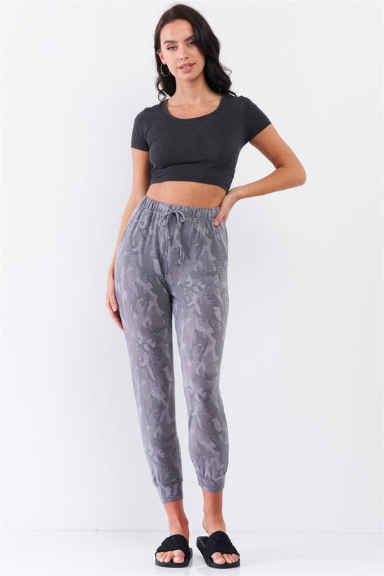 Grey Camo Print Loose Fit High-waisted Elasticated Self-tie Drawstring Waistline Track Pants - bulkybox