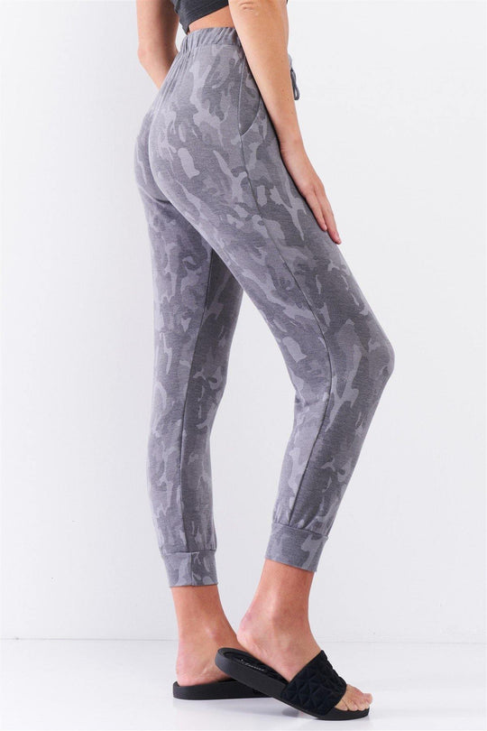 Grey Camo Print Loose Fit High-waisted Elasticated Self-tie Drawstring Waistline Track Pants - bulkybox