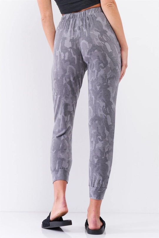 Grey Camo Print Loose Fit High-waisted Elasticated Self-tie Drawstring Waistline Track Pants - bulkybox