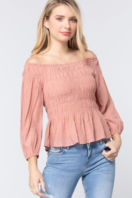 Off Shoulder Smocked Woven Top - bulkybox