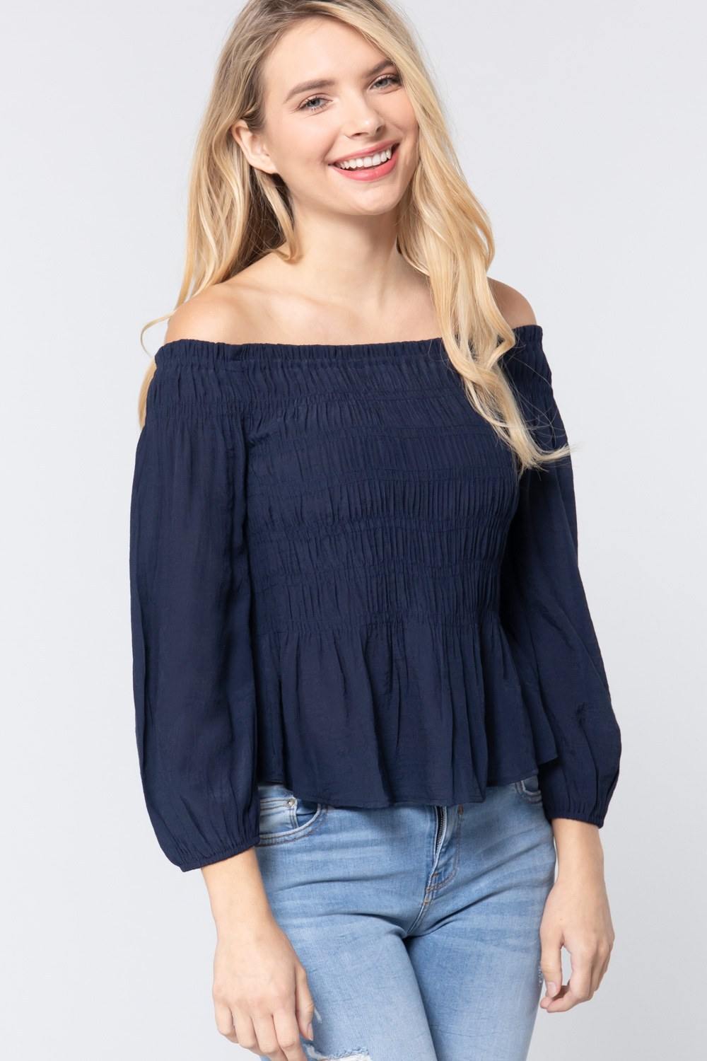 Off Shoulder Smocked Woven Top - bulkybox