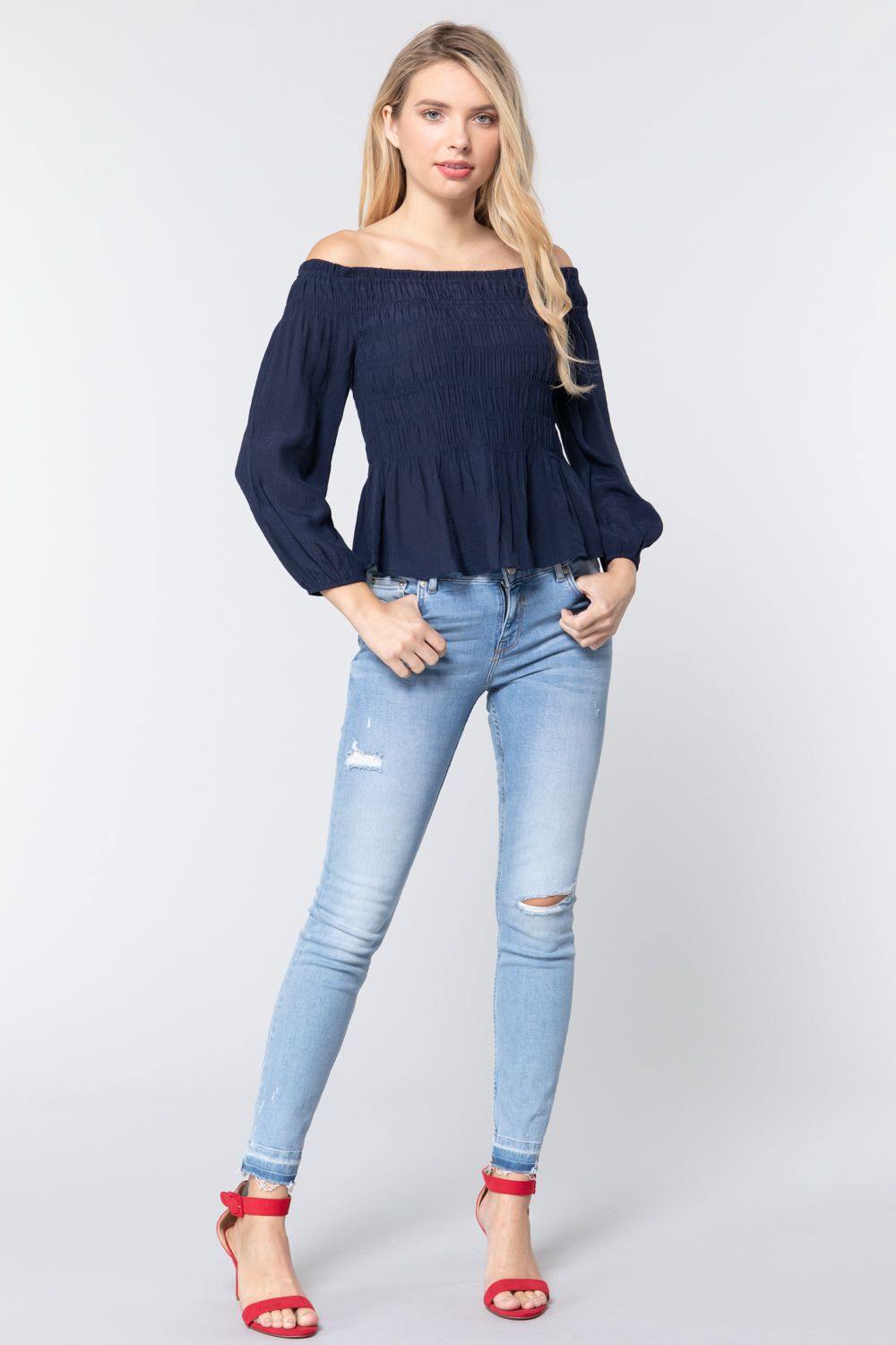 Off Shoulder Smocked Woven Top - bulkybox