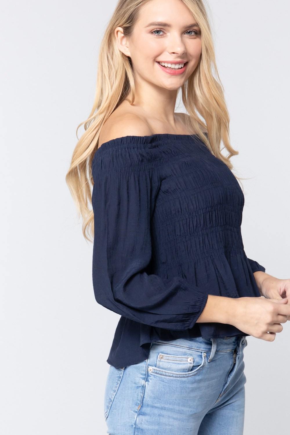 Off Shoulder Smocked Woven Top - bulkybox