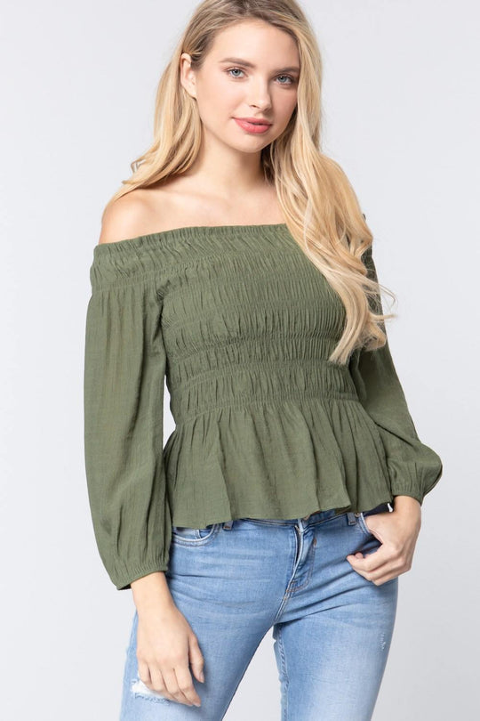 Off Shoulder Smocked Woven Top - bulkybox