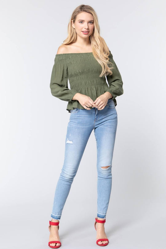 Off Shoulder Smocked Woven Top - bulkybox