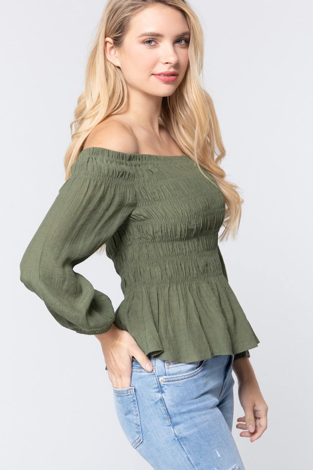 Off Shoulder Smocked Woven Top - bulkybox