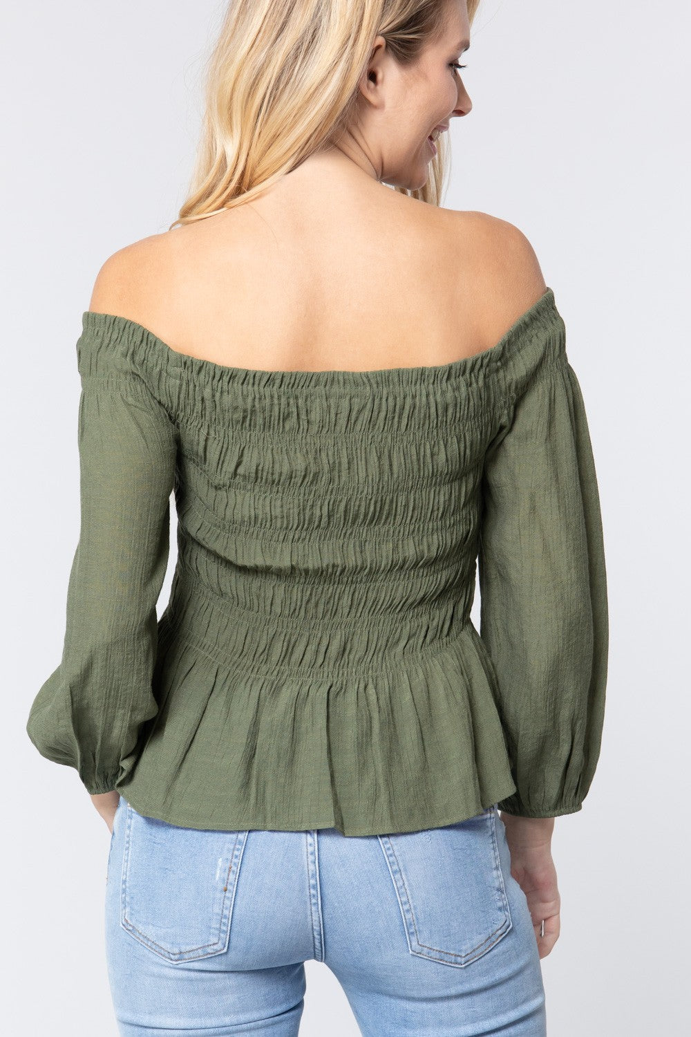 Off Shoulder Smocked Woven Top