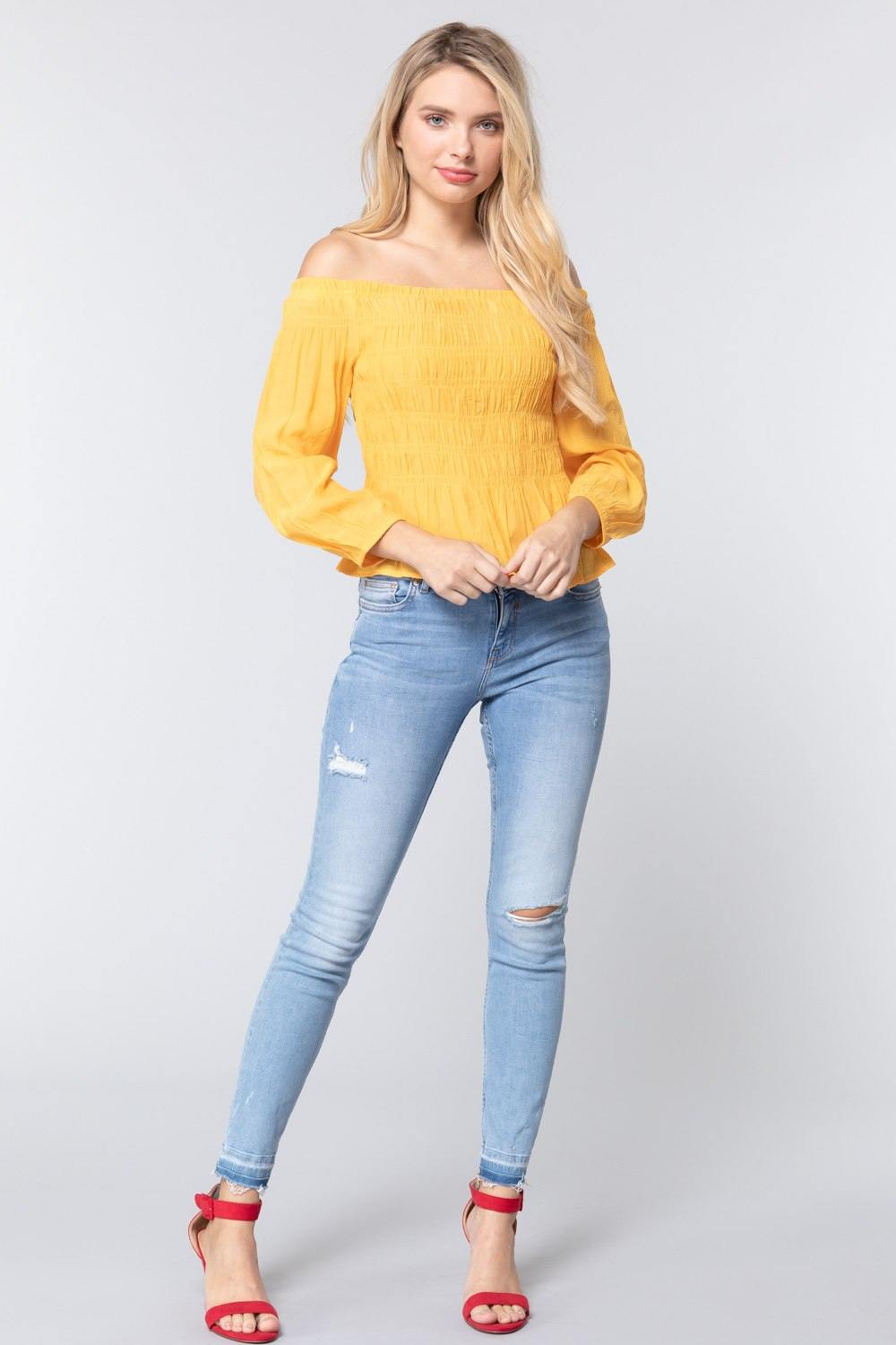 Off Shoulder Smocked Woven Top - bulkybox