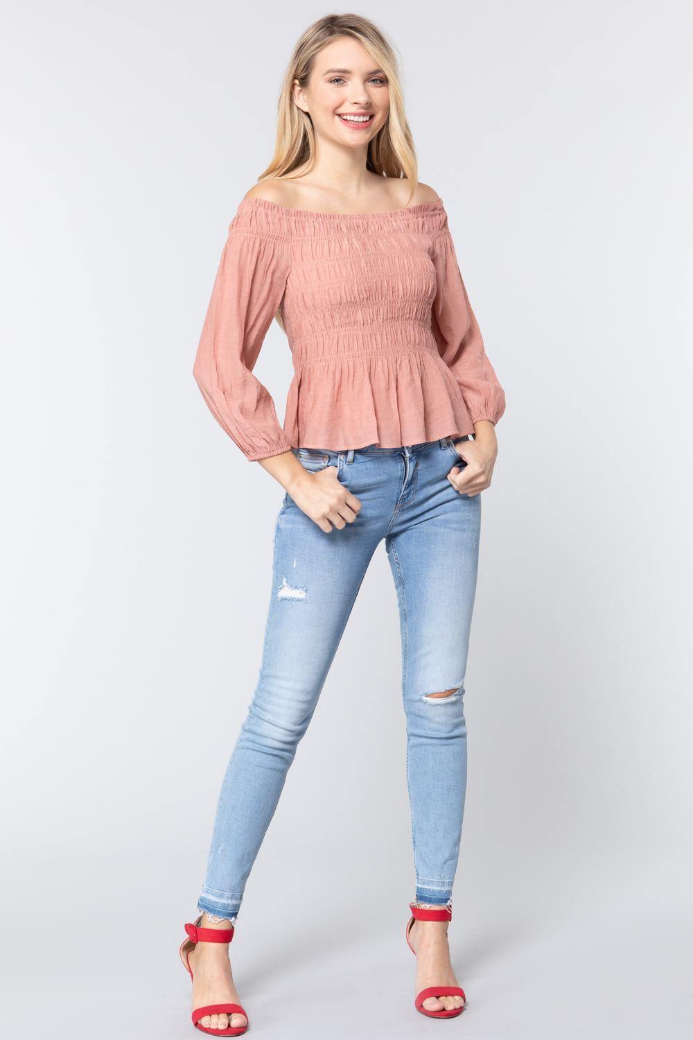 Off Shoulder Smocked Woven Top - bulkybox