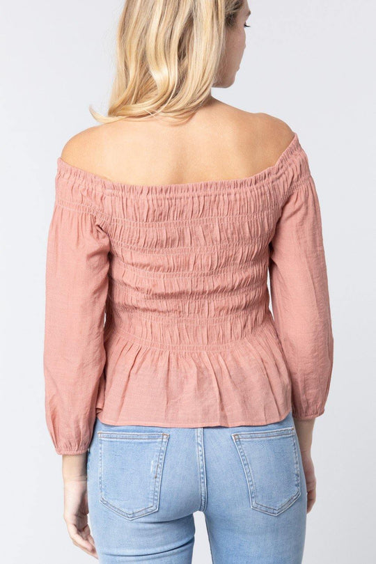 Off Shoulder Smocked Woven Top - bulkybox