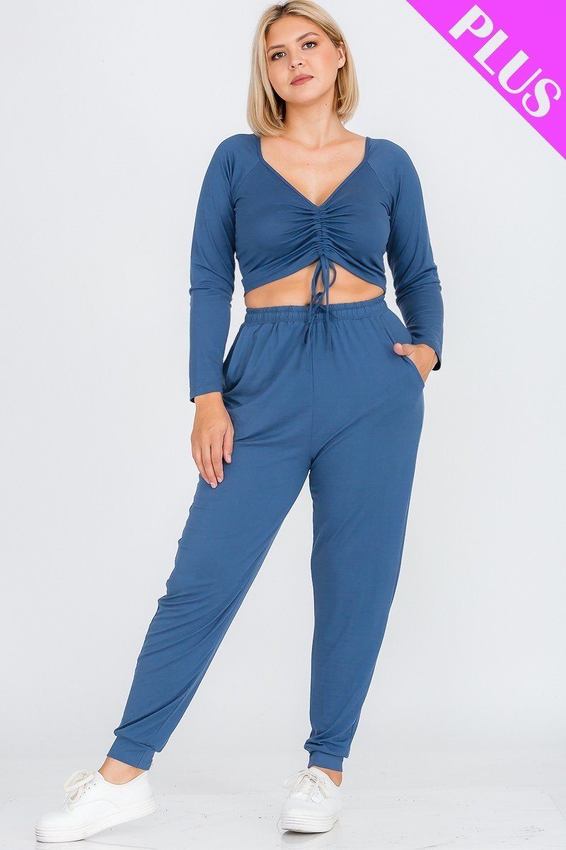 Plus Size Strap Ruched Top And Jogger Pants Set