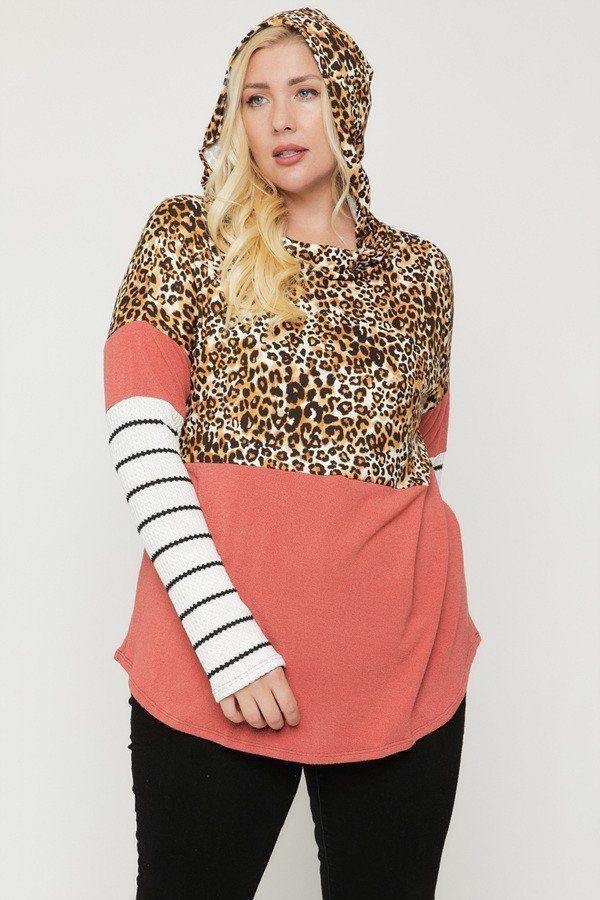 Plus Size Color Block Hoodie Featuring A Cheetah Print - bulkybox