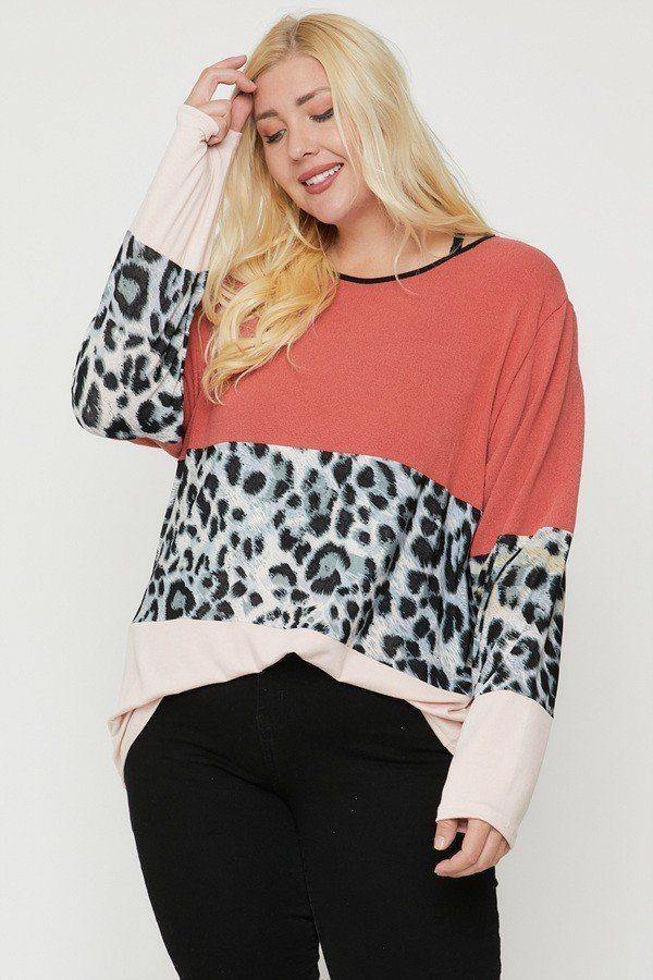 Plus Size Color Block Top Featuring A Leopard Print Top - bulkybox