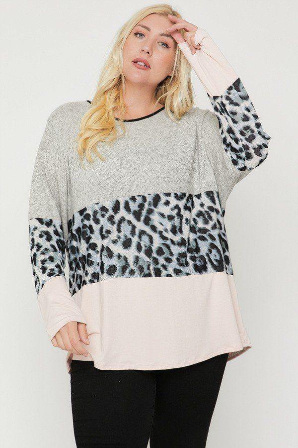 Plus Size Color Block Top Featuring A Leopard Print Top - bulkybox