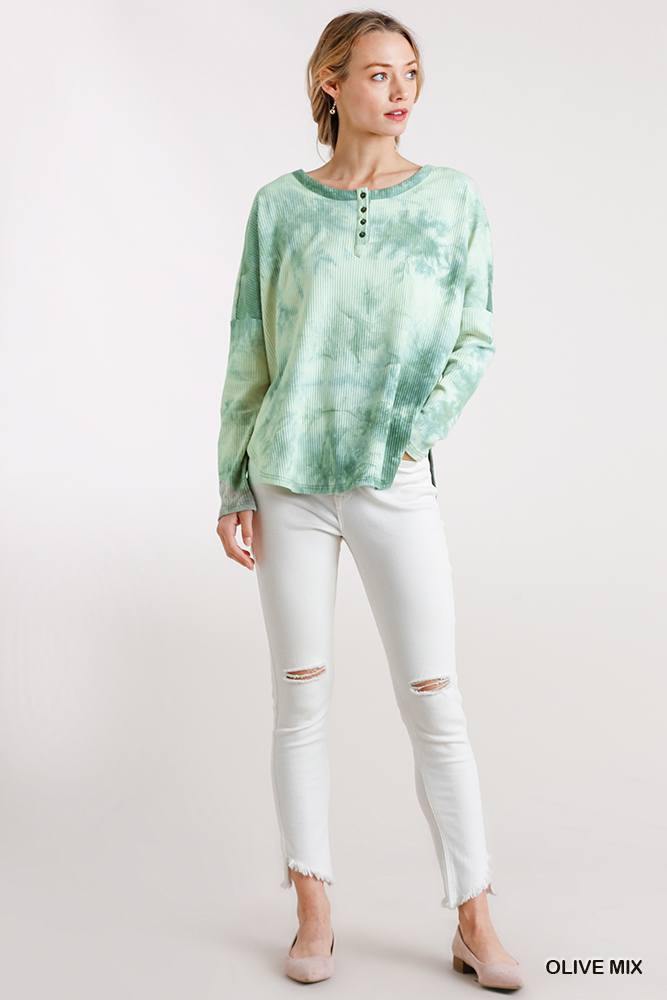 Tie Dye Round Neck Ribbed Button Front Top With Round Hem - bulkybox