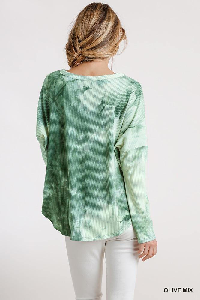 Tie Dye Round Neck Ribbed Button Front Top With Round Hem - bulkybox