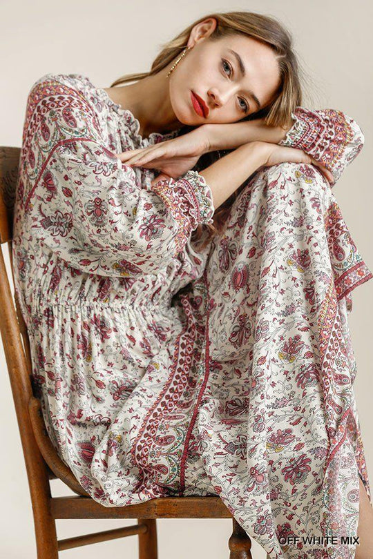 Paisley Print Smocked Ruffle Cuff Sleeve Elastic Waist Maxi Dress With Front String Tie - bulkybox