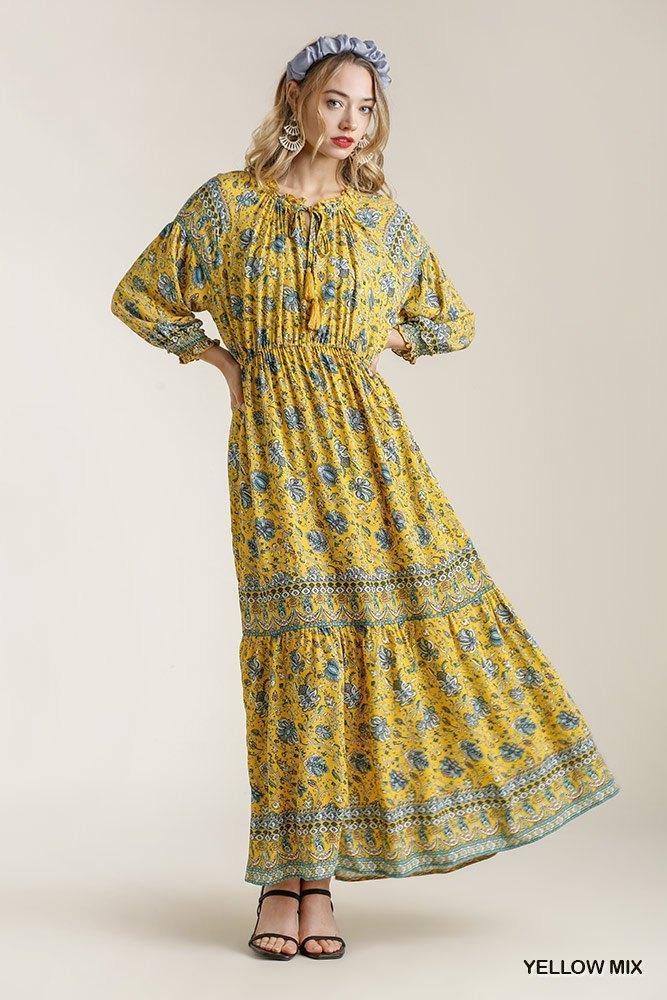 Paisley Print Smocked Ruffle Cuff Sleeve Elastic Waist Maxi Dress With Front String Tie - bulkybox