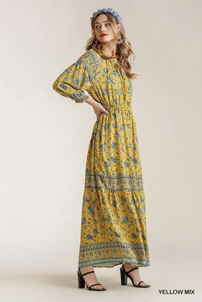 Paisley Print Smocked Ruffle Cuff Sleeve Elastic Waist Maxi Dress With Front String Tie - bulkybox