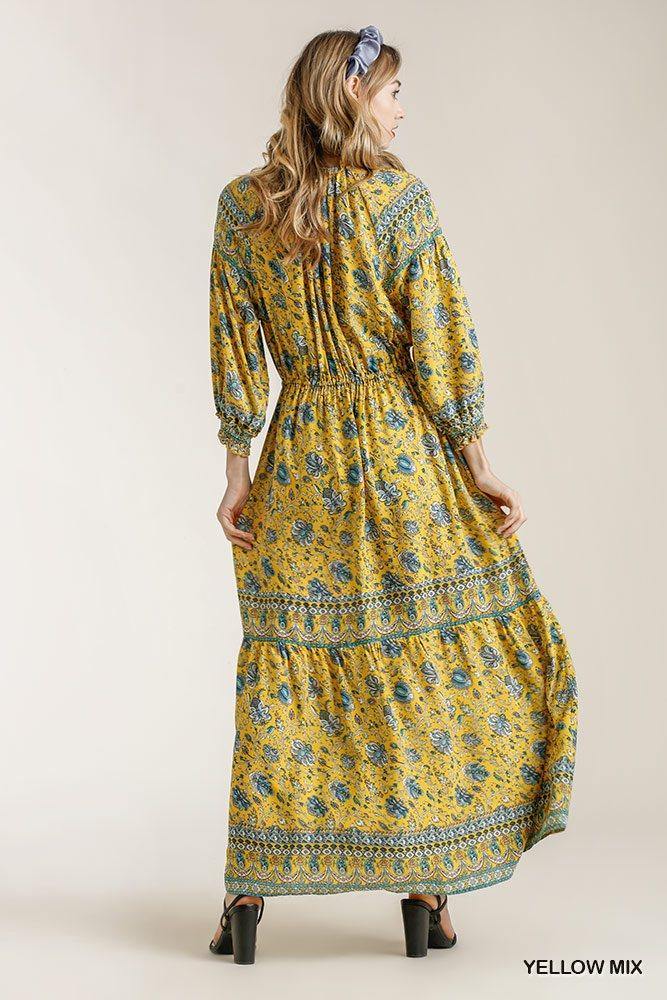 Paisley Print Smocked Ruffle Cuff Sleeve Elastic Waist Maxi Dress With Front String Tie - bulkybox