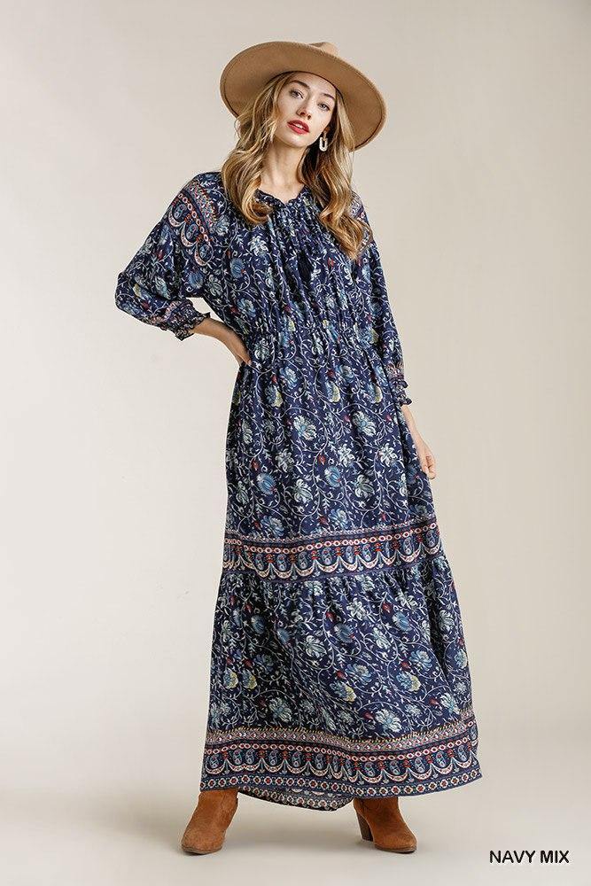 Paisley Print Smocked Ruffle Cuff Sleeve Elastic Waist Maxi Dress With Front String Tie - bulkybox