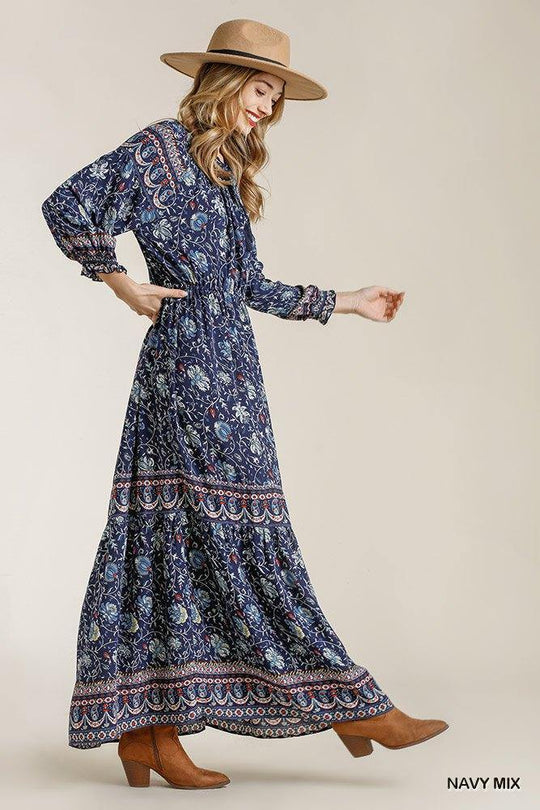 Paisley Print Smocked Ruffle Cuff Sleeve Elastic Waist Maxi Dress With Front String Tie - bulkybox