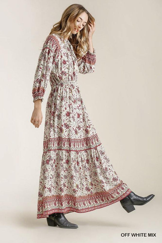 Paisley Print Smocked Ruffle Cuff Sleeve Elastic Waist Maxi Dress With Front String Tie - bulkybox