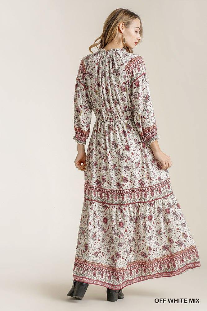 Paisley Print Smocked Ruffle Cuff Sleeve Elastic Waist Maxi Dress With Front String Tie - bulkybox