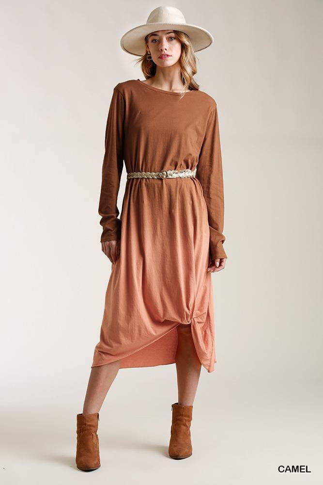 Ombre Front Knot Detail Long Sleeve Maxi Dress With Raw Hem - bulkybox