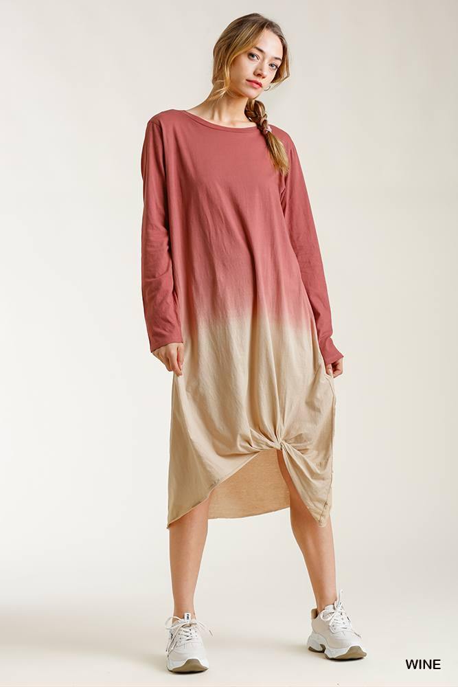 Ombre Front Knot Detail Long Sleeve Maxi Dress With Raw Hem - bulkybox