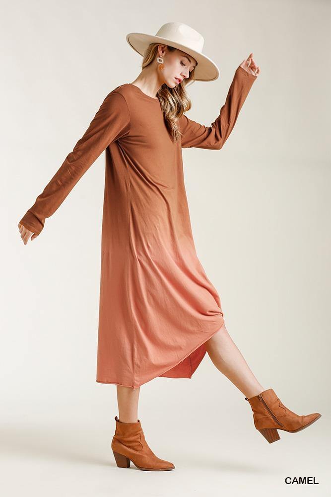 Ombre Front Knot Detail Long Sleeve Maxi Dress With Raw Hem - bulkybox