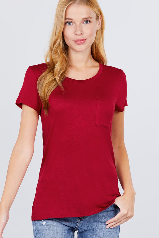 Short Sleeve Scoop Neck Top With Pocket