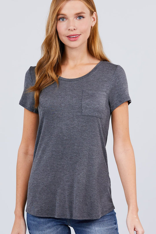 Short Sleeve Scoop Neck Top With Pocket