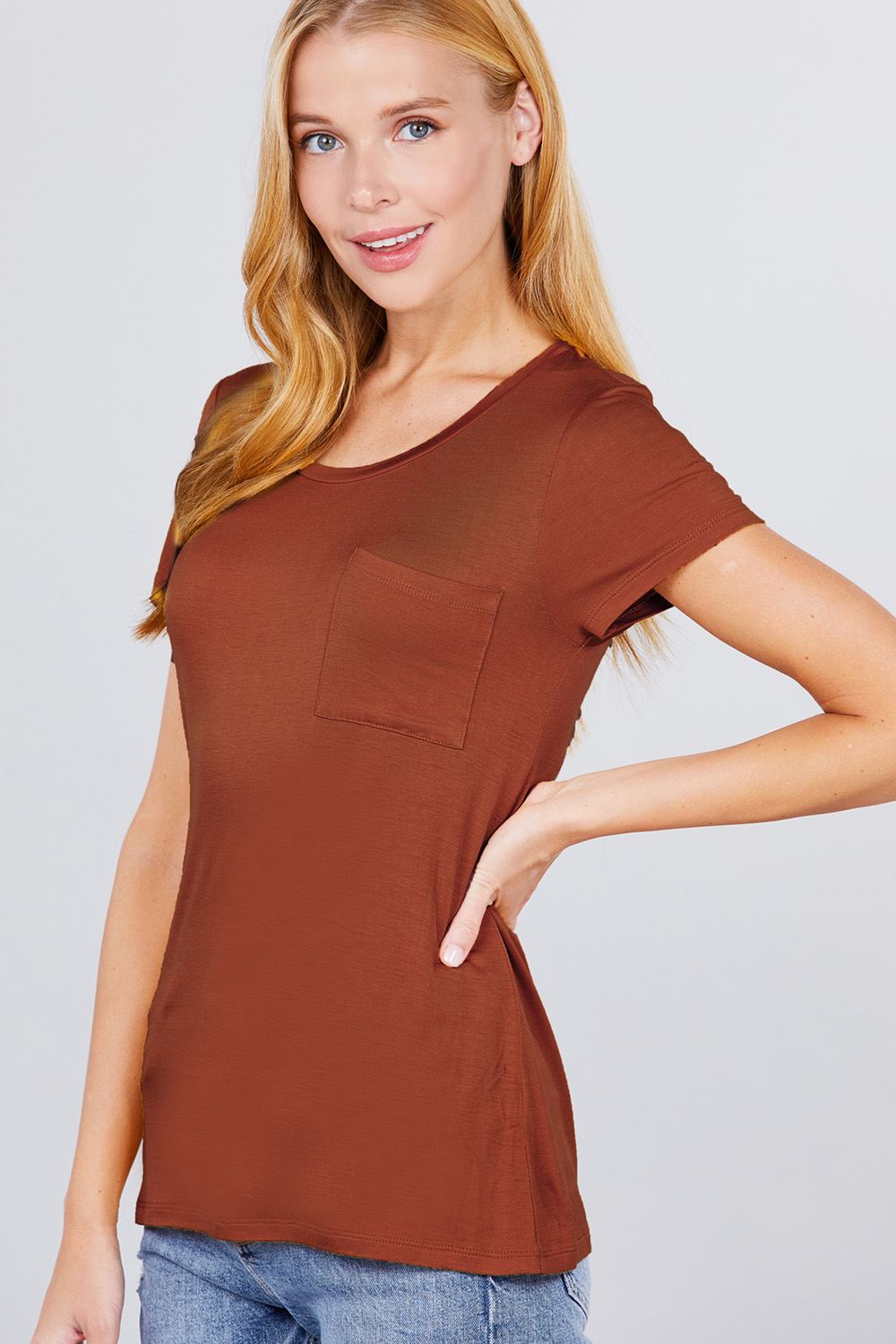 Short Sleeve Scoop Neck Top With Pocket