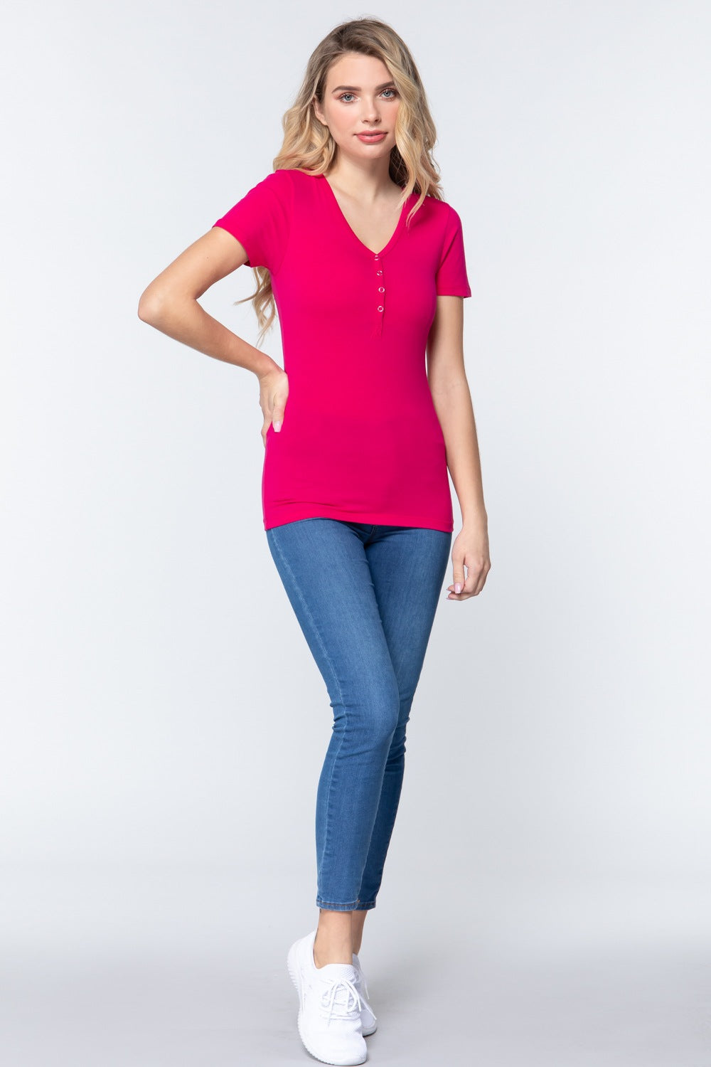 Short Slv V-neck Henley Knit Top