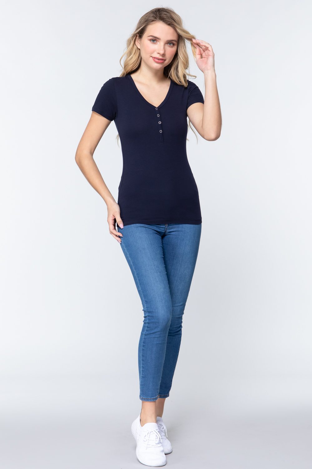 Short Slv V-neck Henley Knit Top