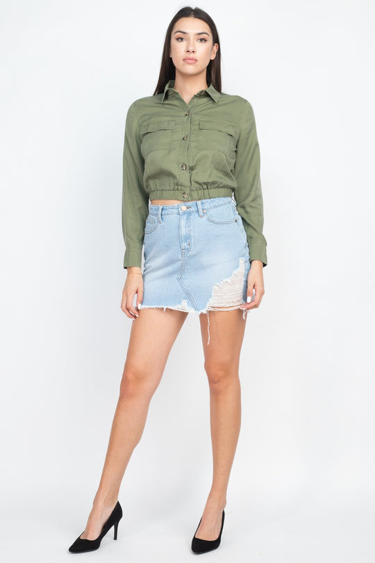 Elasticized Waist Flap Pockets Top