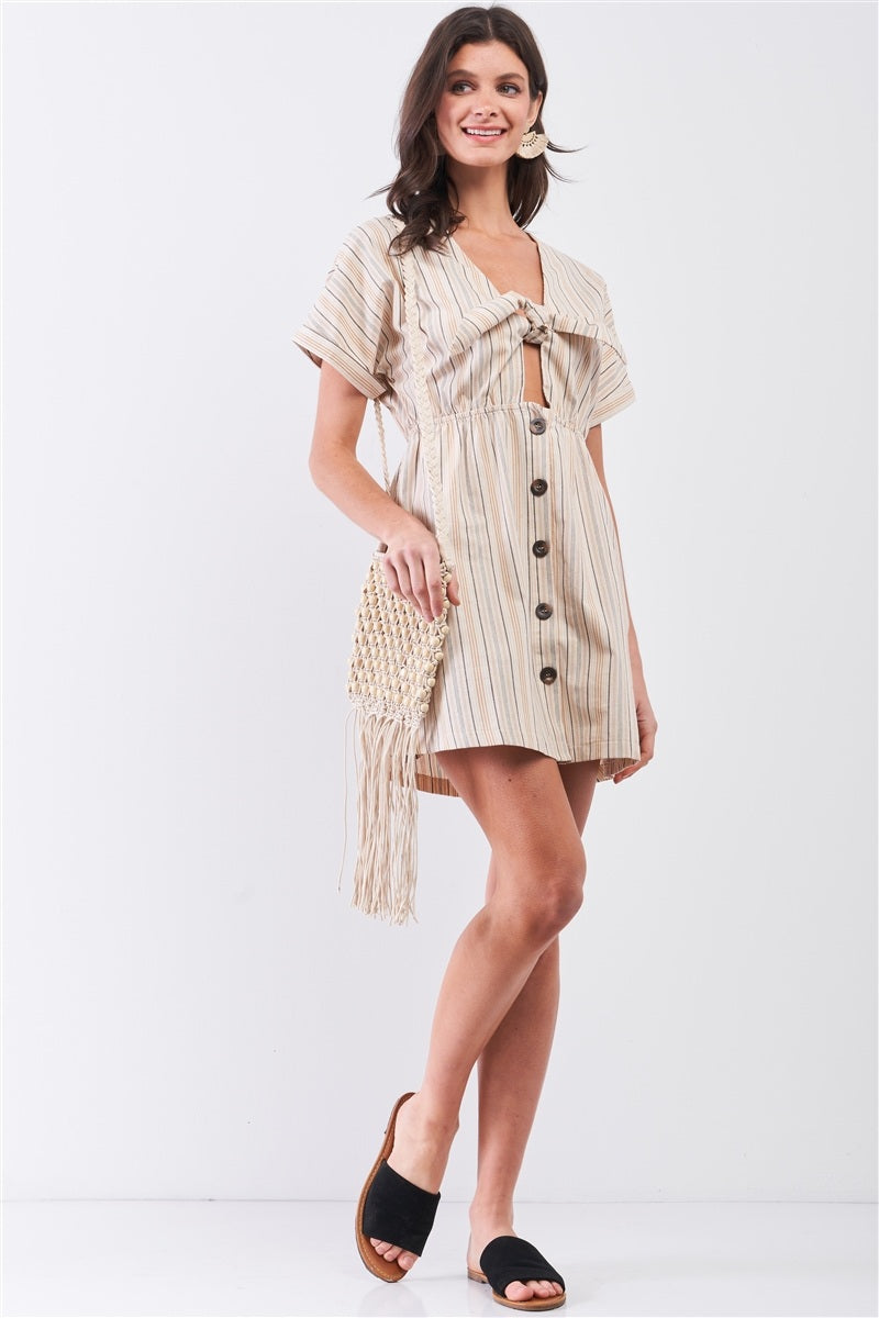 So 90s! Striped Self-tie Front Detail Short Sleeve Button Down Mini Shirt Dress