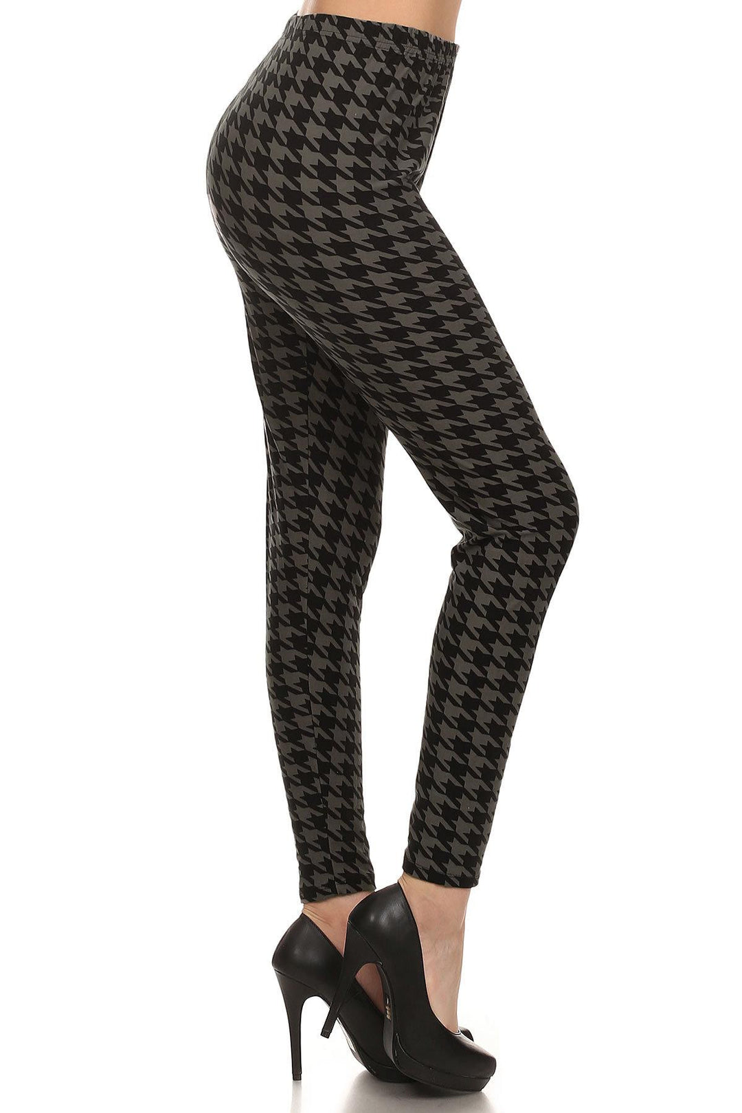 High Waisted Hound Tooth Printed Knit Legging With Elastic Waistband