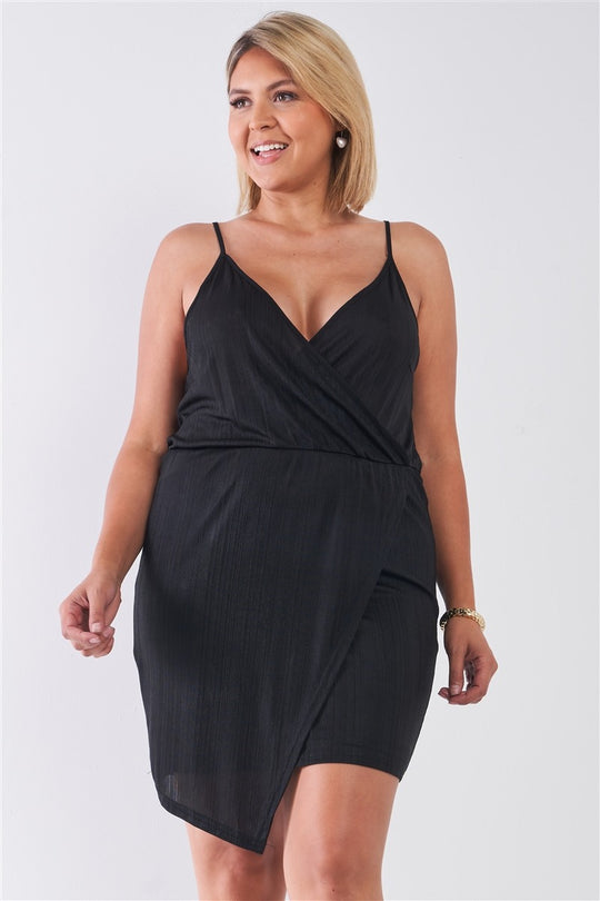 Plus Size Black Surplice Neckline Cami Mini Dress