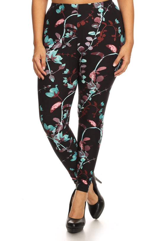 Plus Size Abstract Print, Full Length Leggings In A Slim Fitting Style With A Banded High Waist