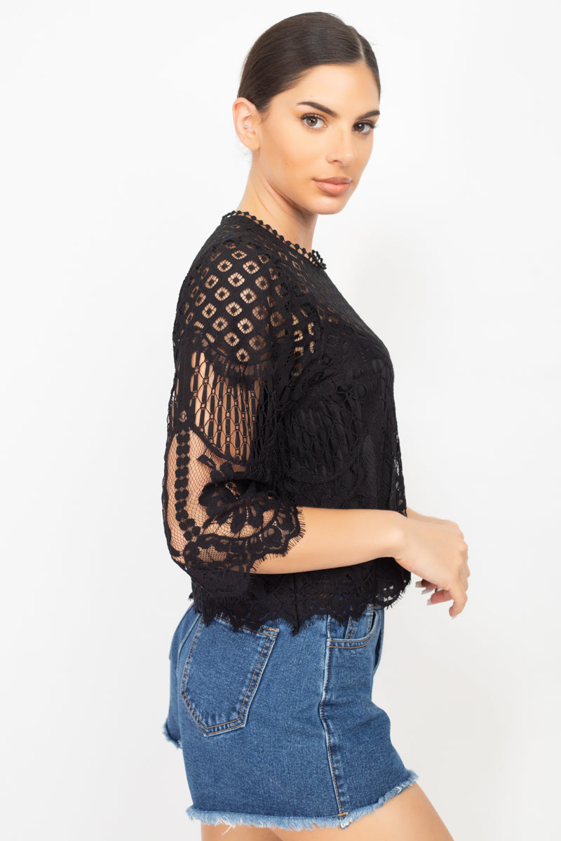 Mock 3/4 Sleeves Lace Designed Top