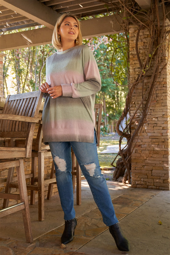 Lavender Grey Green Gradient Crew Neck Long Sleeve Side Slit Long Top