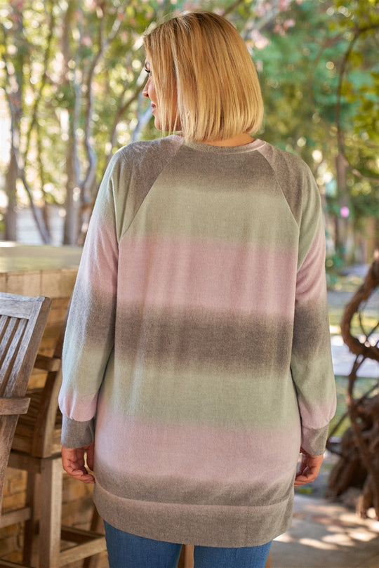 Lavender Grey Green Gradient Crew Neck Long Sleeve Side Slit Long Top