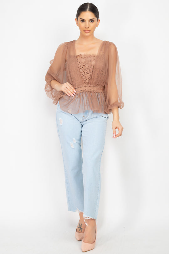 Sheer Mesh Crochet Peplum Top