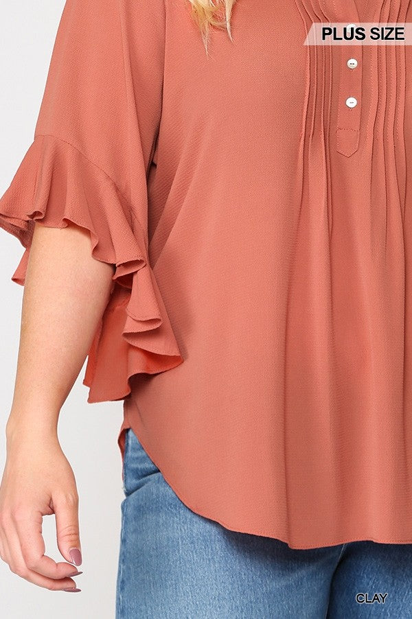 Bubble Crepe Ruffled Sleeves Pintuck Detail Top