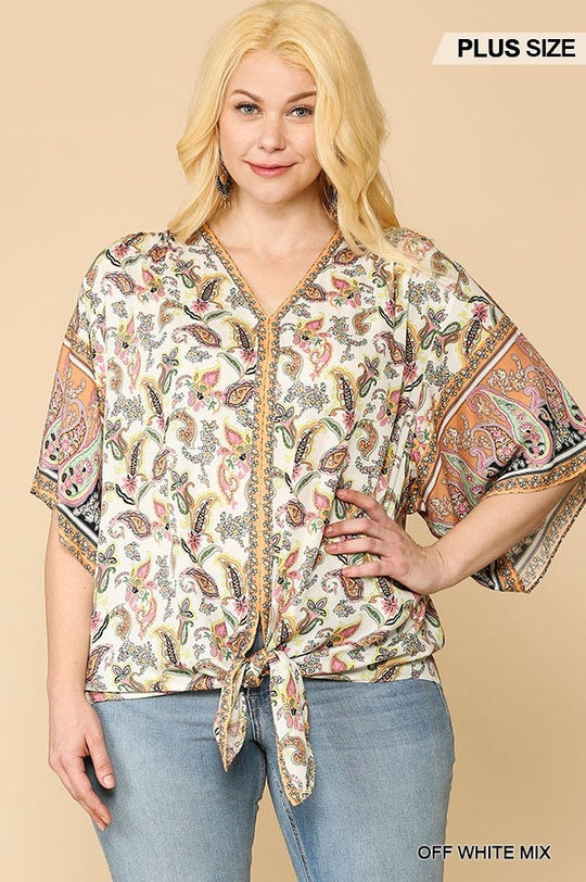 Paisley Printed V-neck Top With Front Tie