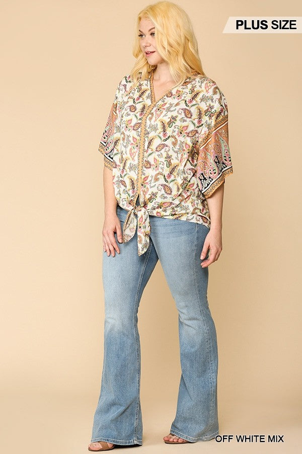 Paisley Printed V-neck Top With Front Tie